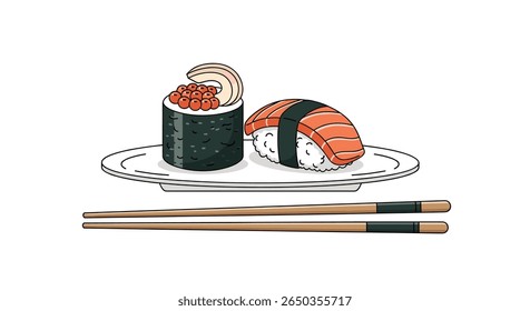 Delicious pixel art sushi and chopsticks on a plate japanese food illustration
