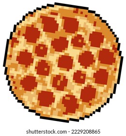 Delicious Pixel Pizza with pepperoni and cheese. 8bit game icon on white background. Fast food. Vector illustration.