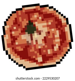 Delicious Pixel Pizza with pepperoni and cheese. 8bit game icon on white background. Fast food. Vector illustration.
