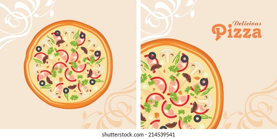 Delicious pizza. Background for menu design. Vector