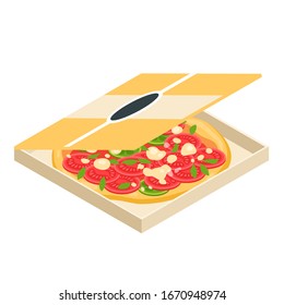 Deliciosa pizza en caja aislada sobre fondo blanco. Imagen vectorial. EPS 10