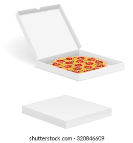 Delicious pizza in box isolated on white background.