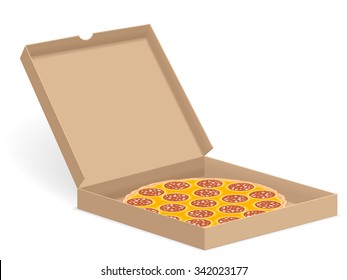 Delicious pizza in box isolated on white background.