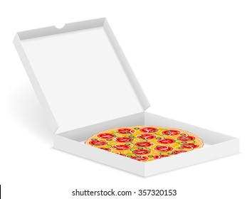 Delicious pizza in box isolated on white background.