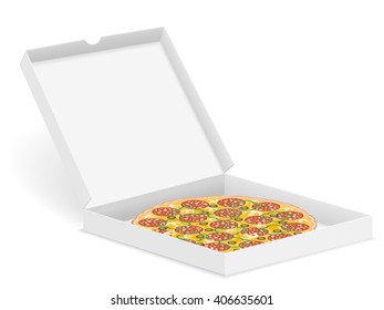 Delicious pizza in box isolated on white background.