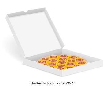Delicious pizza in box isolated on white background.