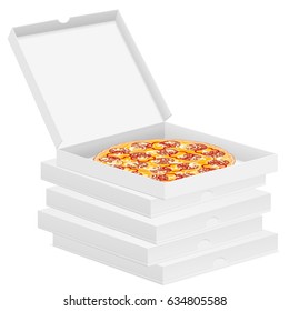 Delicious pizza in box isolated on white background.