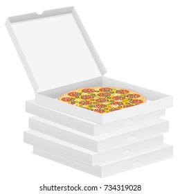 Delicious pizza in box isolated on white background.