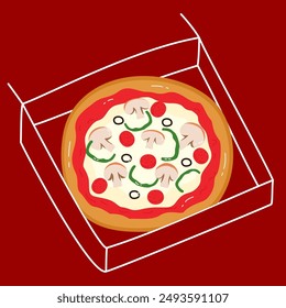 Delicious pizza in a box-shaped outline