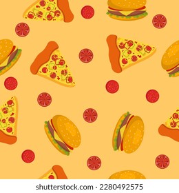 Delicious pizza and burgers seamless pattern for tablecloth, packaging and different design. Italian food. Kitchen pattern.