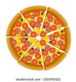 delicious pizza. circle. white background