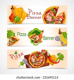 Delicious pizza cut food slices horizontal banners set isolated vector illustration