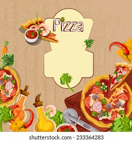 Delicious pizza cut food slices and seasoning background template vector illustration