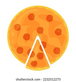 Delicious pizza with detached slice vector illustration. Cartoon drawing of unhealthy snack with cheese and salami isolated on white background. Fast or junk food, party concept
