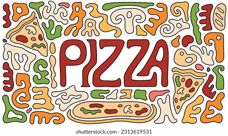 Delicious Pizza Doodle Drawing in Gummy Abstract Shapes for Menu or Packaging Purposes