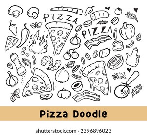 Delicious pizza elements, pizza doodle vector 