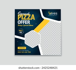 Delicious Pizza fast food social media post template. Restaurant social media banner.  Editable banner template design for food post.  Food promotion banner.