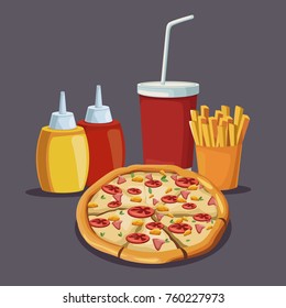 Delicious pizza and french fries