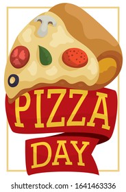 Delicious pizza with fresh and traditional ingredients to celebrate its day: tomato, olive, basil, pepperoni and portobello mushroom over greeting ribbons.