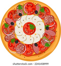 Delicious pizza icon with vegetables, sausage and mozzarella vector illustration isolated on white. Hot fresh dinner menu from restaurant, label