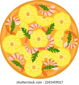 Delicious pizza icon with vegetables, sausage and mozzarella vector illustration isolated on white. Hot fresh dinner menu from restaurant, label