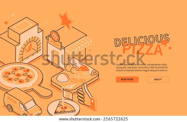 Delicious pizza - line design style\
isometric web banner. Online food ordering, Italian cafe orange\
header with copy space for text. Cook, board, ingredients,\
delivery, oven\
illustration