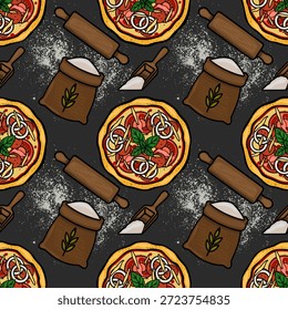 Deliciosa pizza fazendo vetor padrão sem emenda com ingredientes e rolo de pino