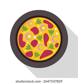 Delicious pizza with meat, onion, cheese and greens lying on black plate with long shadow