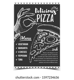 Delicious Pizza Menu And Gesture Ok Poster Vector. Vegetarian And Margarita, Tuna And Pepperoni. Cooked Slice Cheese Pizza With Mushrooms And Eggs, Tomatoes And Basil Leaves Monochrome Illustration