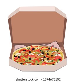 Delicious pizza with mushrooms and olives in a craft box. Bright vector illustration on a white background.