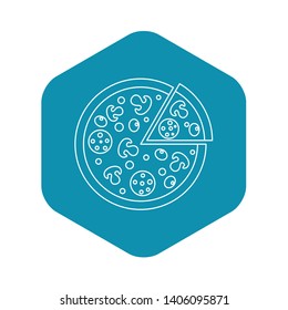 Delicious pizza with mushrooms, salami and olives, lifted slice one icon. Outline illustration of delicious pizza with mushrooms, salami and olives , lifted slice one vector icon for web