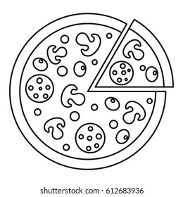 Delicious pizza with mushrooms, salami and olives, lifted slice one icon. Outline illustration of delicious pizza with mushrooms, salami and olives , lifted slice one vector icon for web