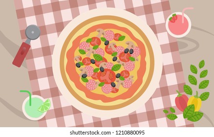 Delicious pizza with mushrooms and sausage on a checkered tablecloth with cocktails