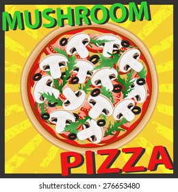 Delicious pizza with mushrooms and tomatoes. Vector image can be used for menu or food posters design, cards and other crafts.