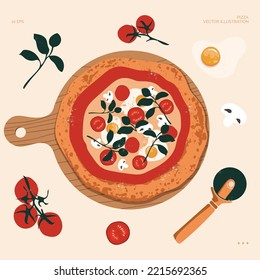 Deliciosa pizza en la pizarra. Plantilla de diseño de pizza italiana. Pizza con huevo, albahaca, perejil, tomates y setas. Deliciosa pizza caliente. Ilustración del vector	
