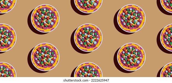 Delicious pizza on a plate on a table, vector flat style illustration, seamless pattern