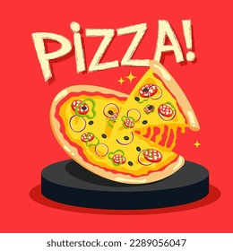 Delicious pizza on red background. Food illustration. 