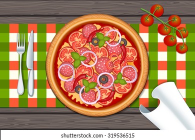 Delicious pizza on wood table with salami, sweet pepper, olive, cheese, tomato, chili, onion and basil. Vector Illustration.