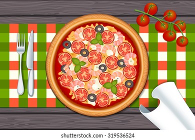 Delicious pizza on wood table with shrimp, olive, cheese, tomato, mozzarella and basil. Vector Illustration.