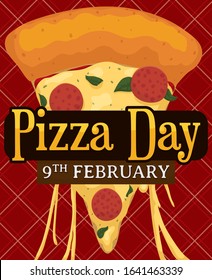 Delicious pizza with pepperoni, basil and mozzarella cheese melting over squared tablecloth ready to celebrate Pizza Day this 9th February.