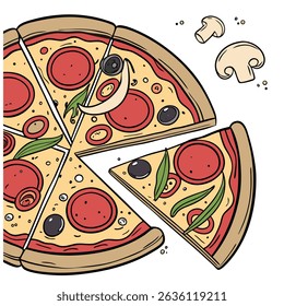 A delicious pizza with pepperoni, olives, and mushrooms, ready to be eaten