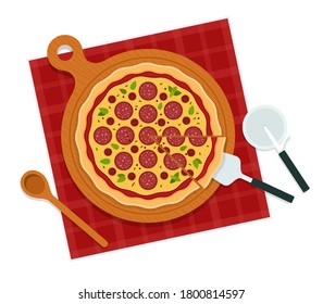 Delicious pizza pepperoni. Vector flat illustrations. Favorite fast food.