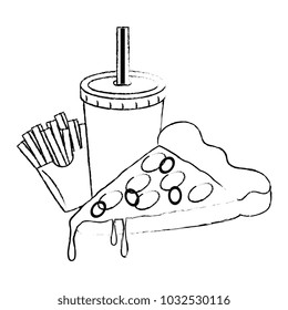 delicious pizza portion with soda and french fries