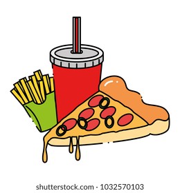 delicious pizza portion with soda and french fries