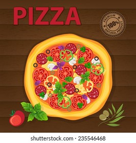 delicious pizza poster design on wooden background, vector illustration