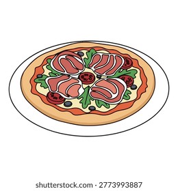 A delicious pizza with prosciutto, arugula, and tomatoes on a clean white plate background.