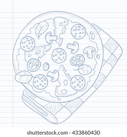 Delicious pizza with salami, mushrooms and olives. Pizza hand drawn on notebook paper in line background. Pizza vector sketch illustration.