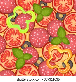 Delicious pizza seamless pattern with pepperoni, olive, cheese, tomato, mozzarella and basil. Vector Illustration.