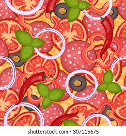 Delicious pizza seamless pattern with salami, sweet pepper, olive, cheese, tomato, chili, onion and basil. Vector Illustration.