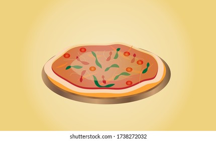 Delicious pizza served on wooden plate on yellow background.  Vector illustration. Cartoon styles.